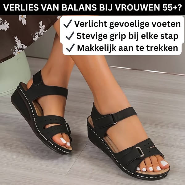 sandals, comfort shoes, walking sandals, orthopedic sandals, platform sandals, adjustable sandals, summer shoes, product launch, lifestyle, trustworthy, black, neutral